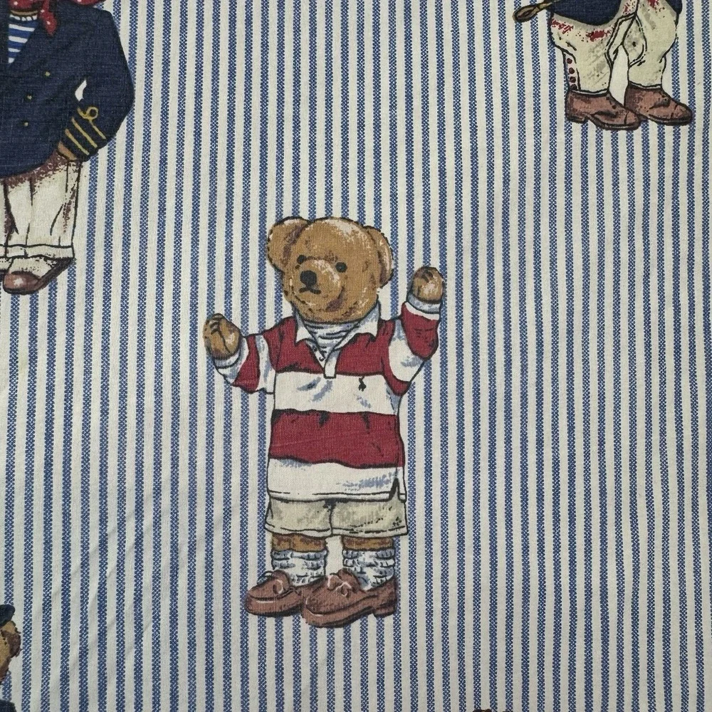Vintage Ralph Lauren Polo Bear Full Size Fitted Sheet Blue Stripe Cotton Preppy